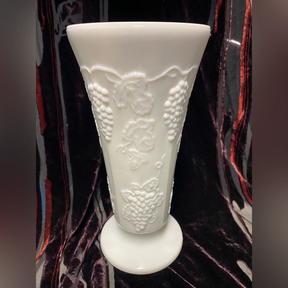 Vintage Milk Glass Grape Pedestal Vase | Embossed Vine Design